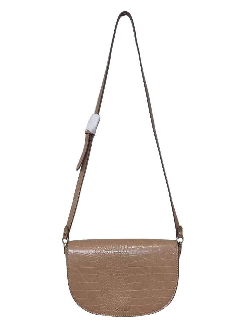 Beige crossbody bag on a light gray background