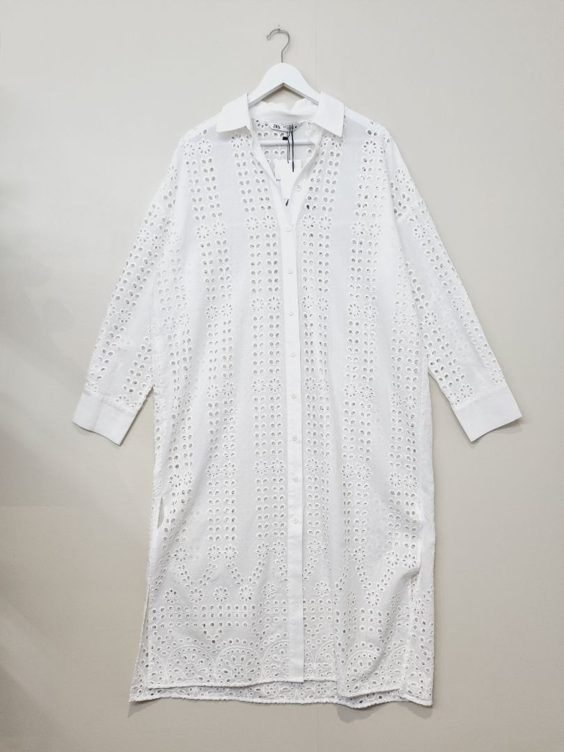 Zara White Cut Away Shirt Midi Dress - Size M