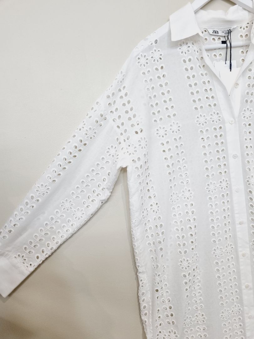 Zara White Cut Away Shirt Midi Dress - Size M