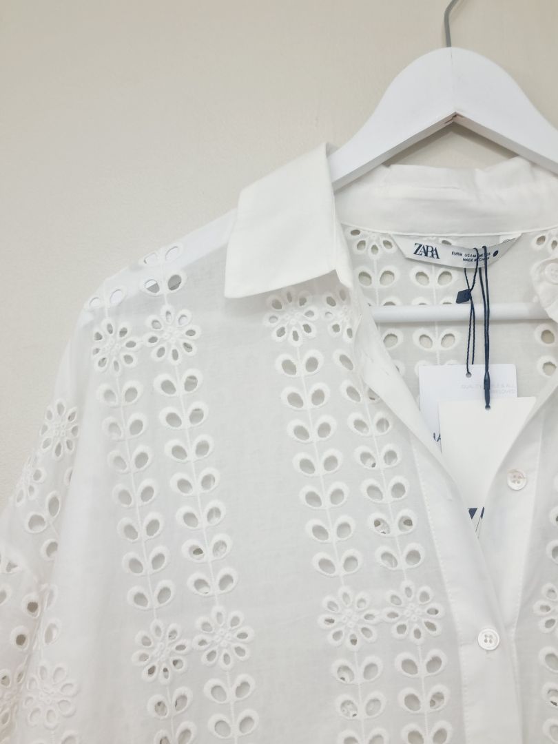 Zara White Cut Away Shirt Midi Dress - Size M