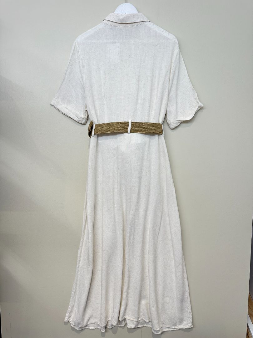 Zara Cream Linen Blend Midi Belted Dress - Size M