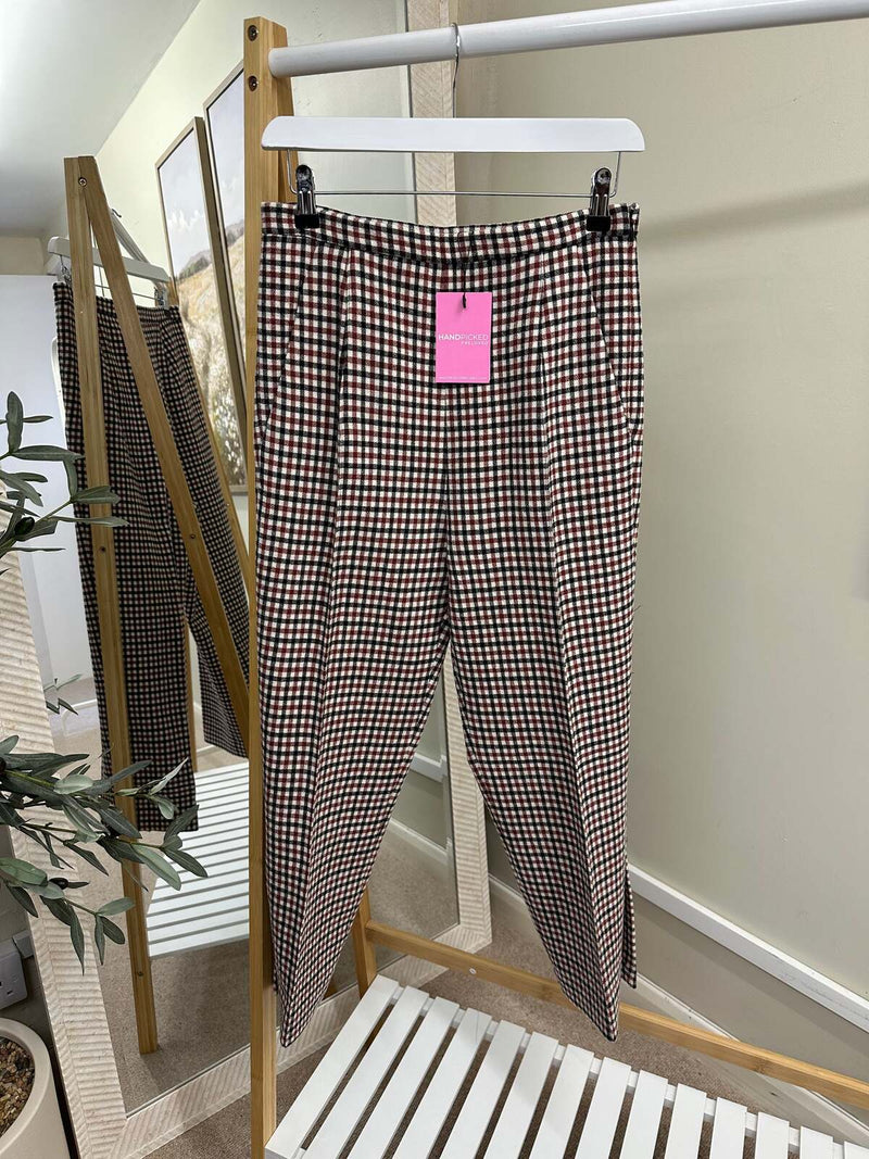 Khaite White Red Bridget Cropped Checked Gingham Wool-Blend Trousers, Size 8-10