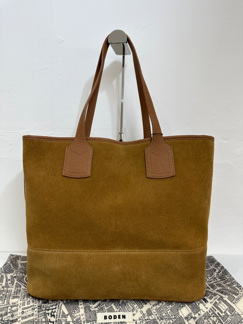 Boden Tan Sue London Map Lined Suede Tote Bag