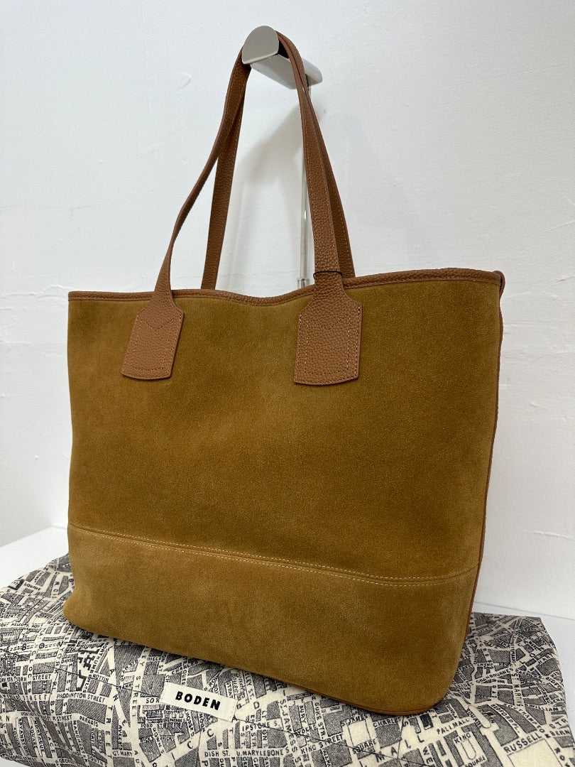 Boden Tan Sue London Map Lined Suede Tote Bag
