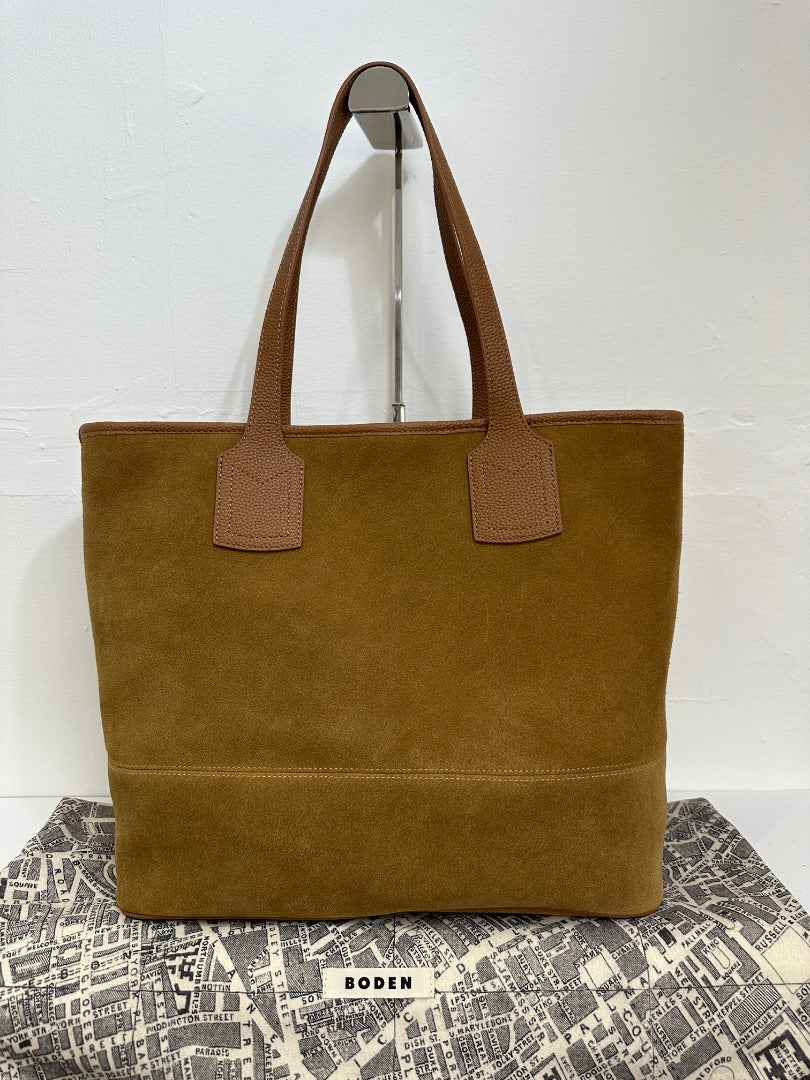 Boden Tan Sue London Map Lined Suede Tote Bag