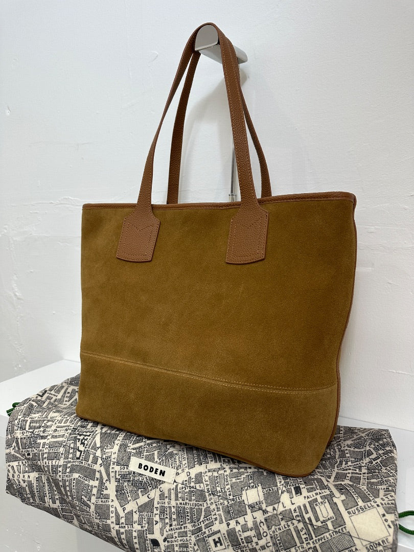 Boden Tan Sue London Map Lined Suede Tote Bag