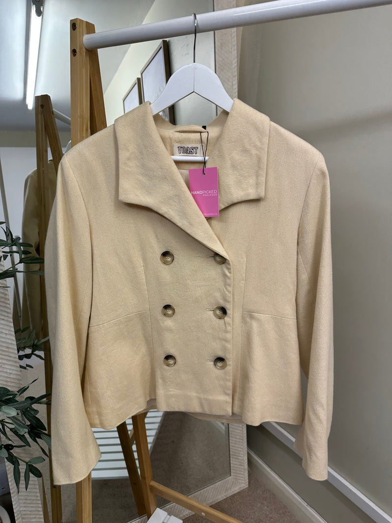 Toast Cream Wool Cotton Double Breasted Cropped Boxy Jacket, Size 12