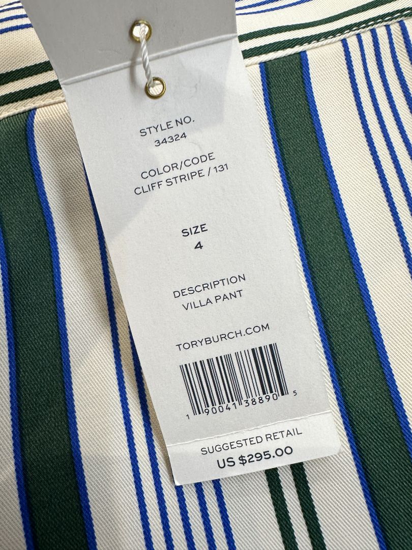 Tory Burch Cream Green Blue Villa Pant - Size 10