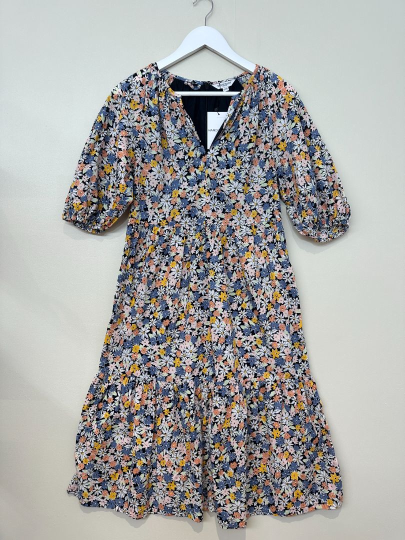 Great Plains Blue Pink Disty Floral Midi Tiered Dress - Size 8