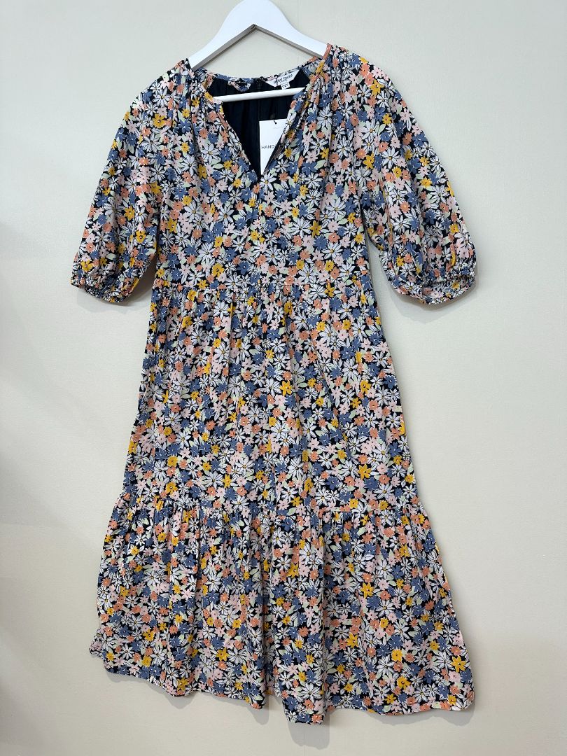 Great Plains Blue Pink Disty Floral Midi Tiered Dress - Size 8