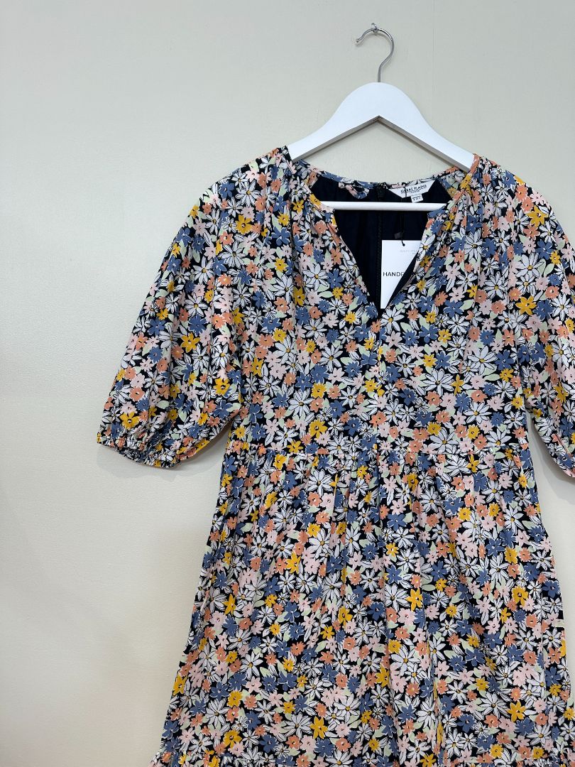 Great Plains Blue Pink Disty Floral Midi Tiered Dress - Size 8