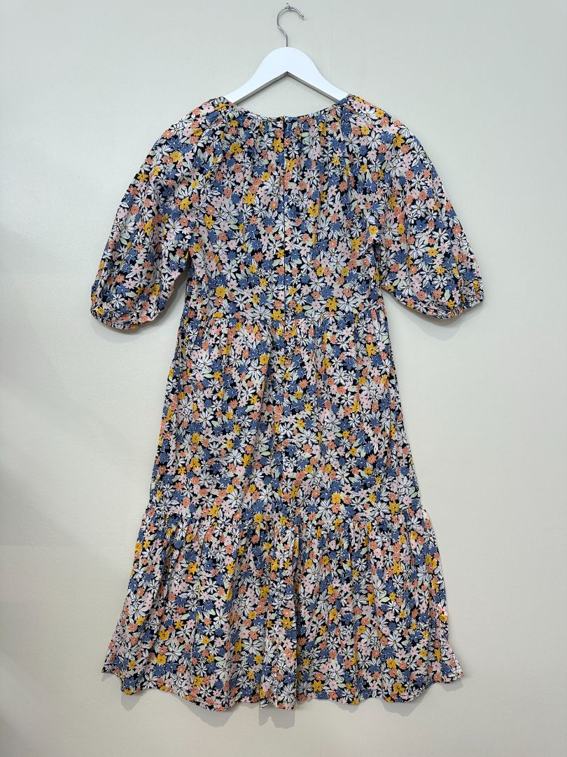 Great Plains Blue Pink Disty Floral Midi Tiered Dress - Size 8