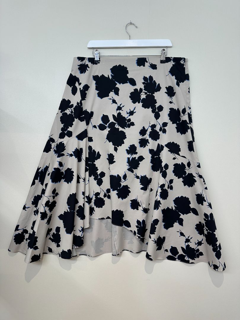 Jigsaw Beige & Black Outline Rose Cotton Midi Skirt - Size 18