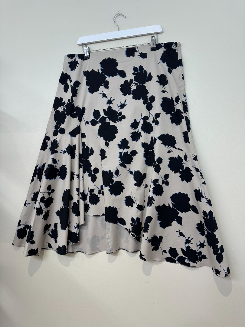 Jigsaw Beige & Black Outline Rose Cotton Midi Skirt - Size 18