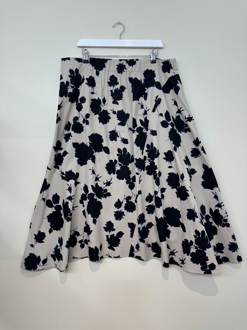 Jigsaw Beige & Black Outline Rose Cotton Midi Skirt - Size 18