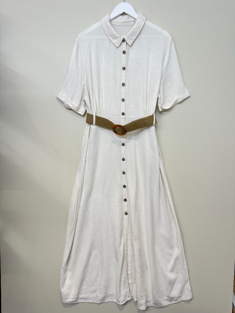 Zara Cream Linen Blend Midi Belted Dress - Size M