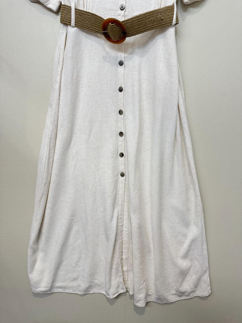 Zara Cream Linen Blend Midi Belted Dress - Size M