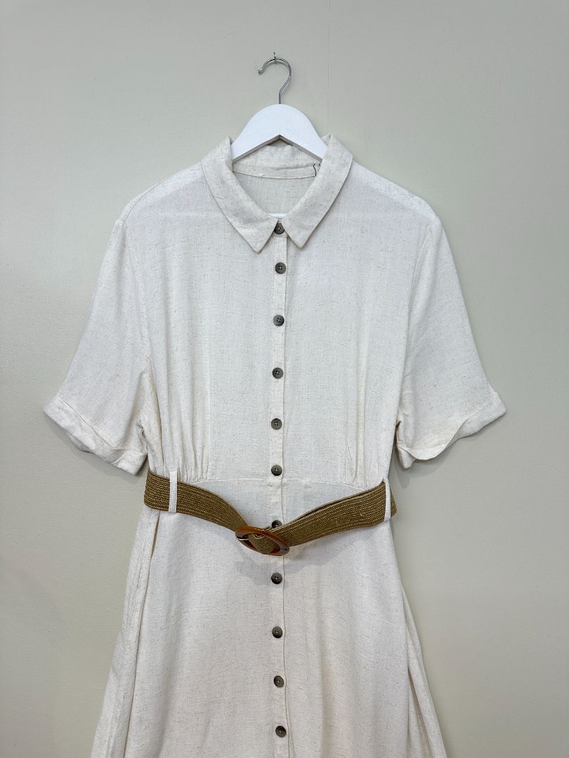 Zara Cream Linen Blend Midi Belted Dress - Size M