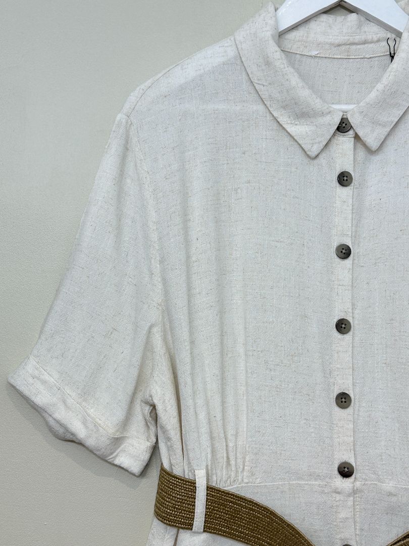 Zara Cream Linen Blend Midi Belted Dress - Size M