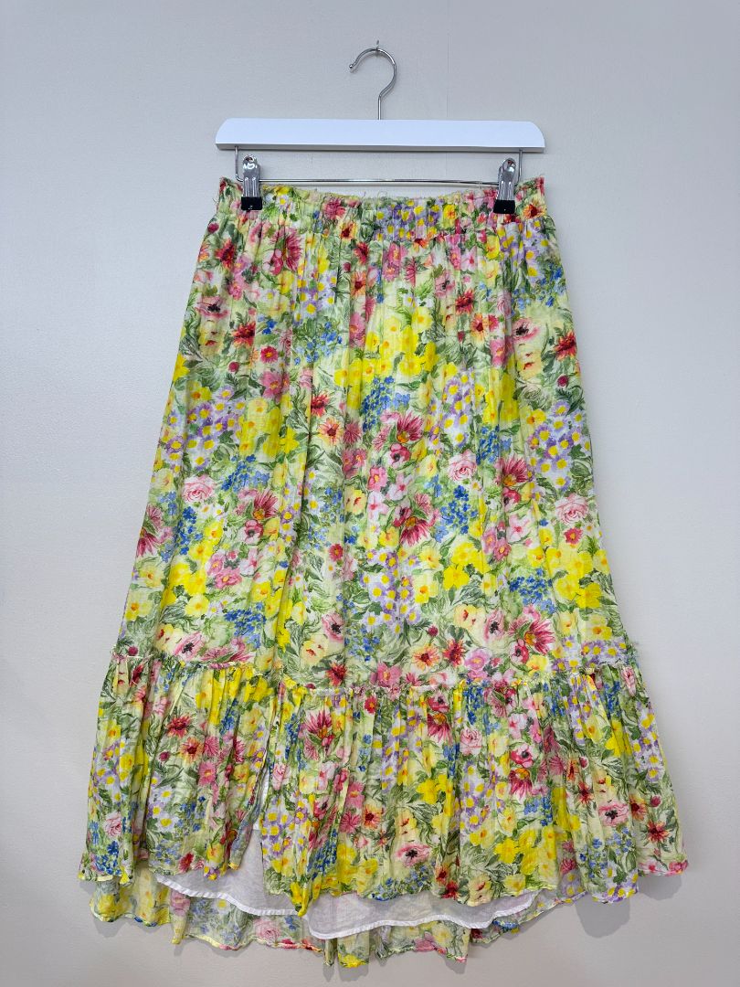 Love Shack Fancy Yellow Floral Cotton Silk Frayed Detail Tiered Midi Skirt - Size M
