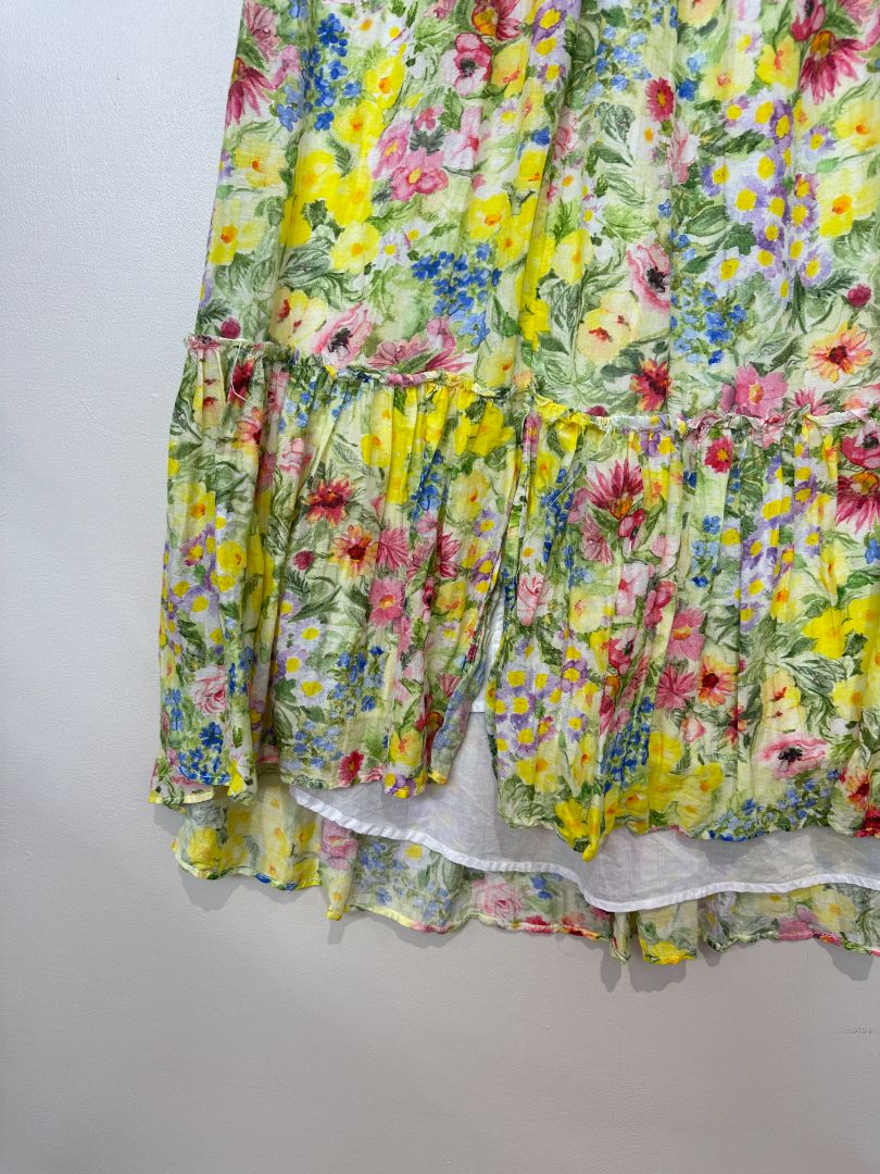 Love Shack Fancy Yellow Floral Cotton Silk Frayed Detail Tiered Midi Skirt - Size M