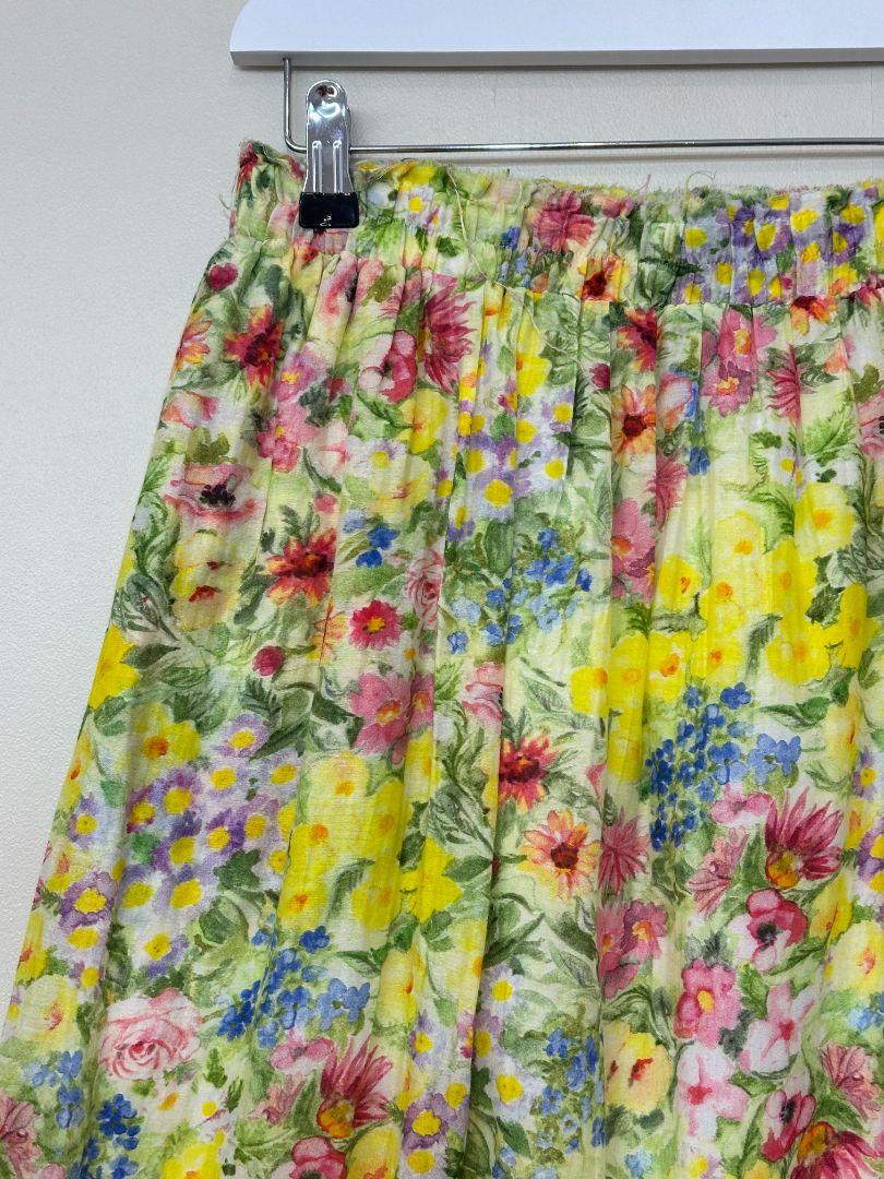 Love Shack Fancy Yellow Floral Cotton Silk Frayed Detail Tiered Midi Skirt - Size M