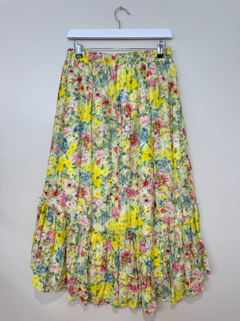 Love Shack Fancy Yellow Floral Cotton Silk Frayed Detail Tiered Midi Skirt - Size M