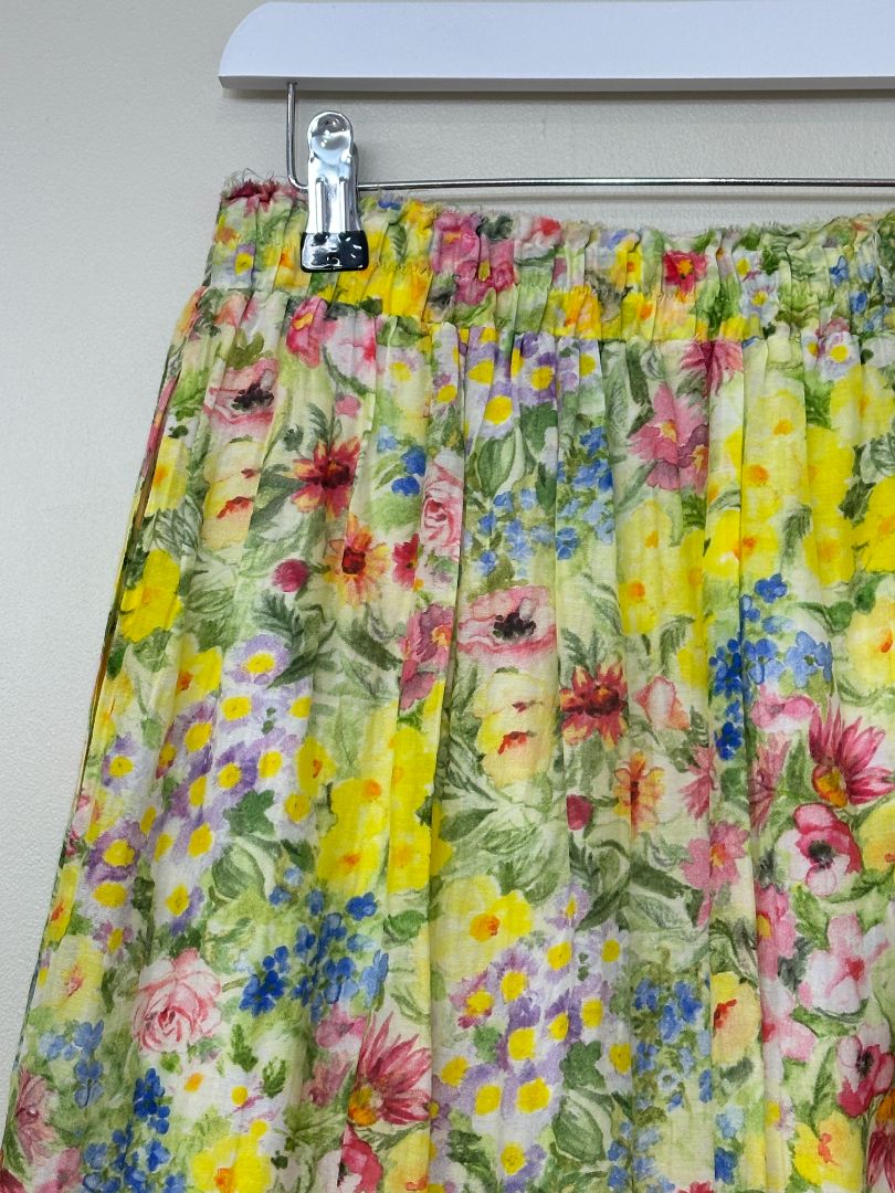Love Shack Fancy Yellow Floral Cotton Silk Frayed Detail Tiered Midi Skirt - Size M