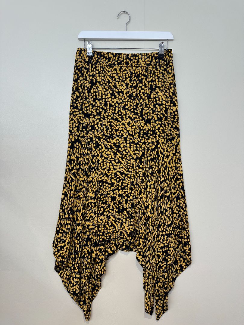 Ganni Black Yellow Handkerchief Hem floral Midi Skirt - Size 10
