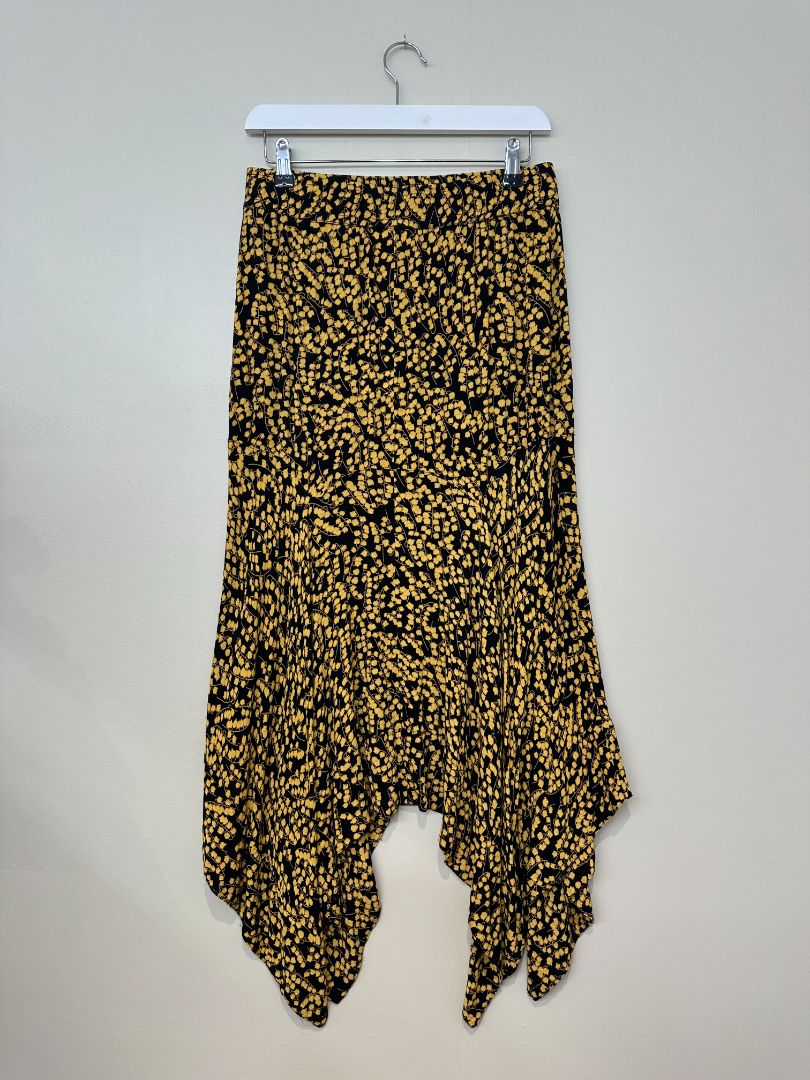 Ganni Black Yellow Handkerchief Hem floral Midi Skirt - Size 10