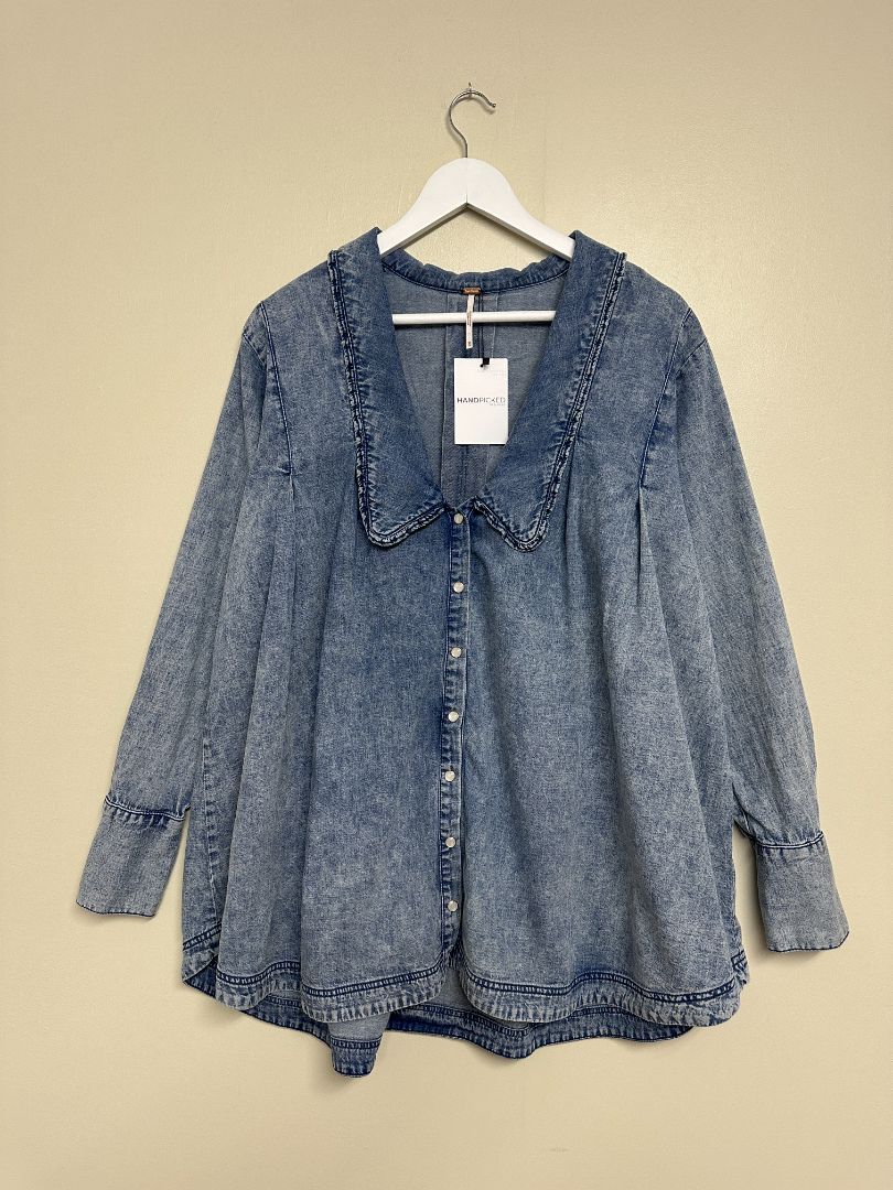 Free People Blue Ruffle Collar Denim Shirt - Size XS