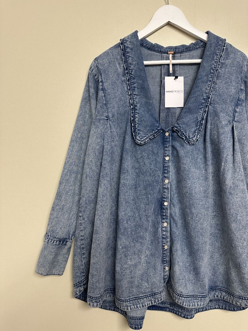 Free People Blue Ruffle Collar Denim Shirt - Size XS