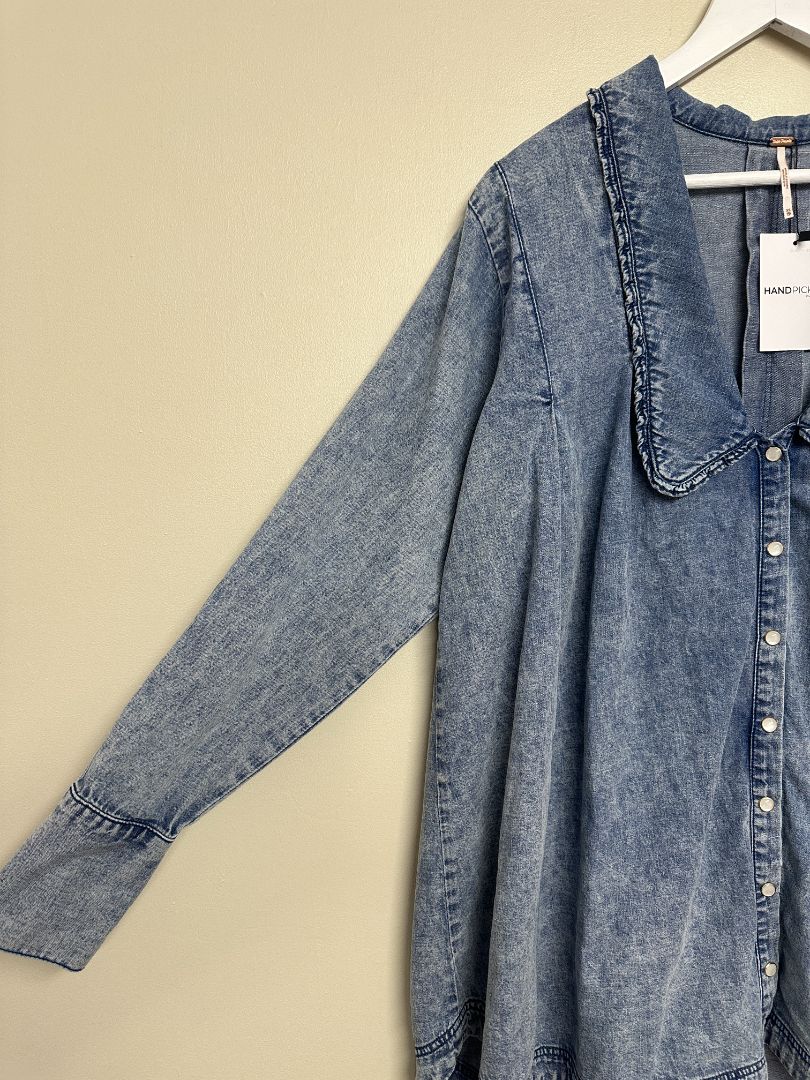 Free People Blue Ruffle Collar Denim Shirt - Size XS