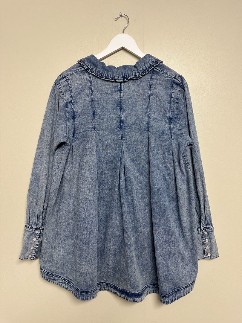 Free People Blue Ruffle Collar Denim Shirt - Size XS