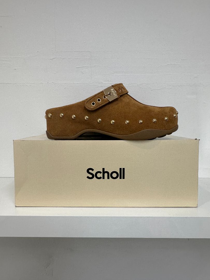 Scholl Cognac Brown Suede Pescura Phoebe Clogs - Size 5