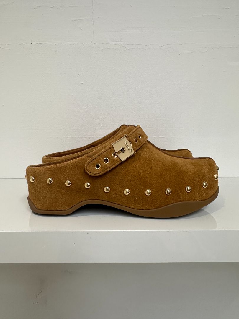 Scholl Cognac Brown Suede Pescura Phoebe Clogs - Size 5