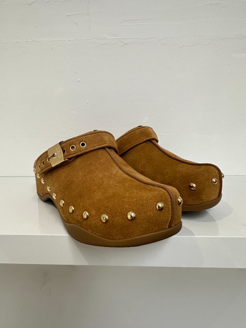 Scholl Cognac Brown Suede Pescura Phoebe Clogs - Size 5