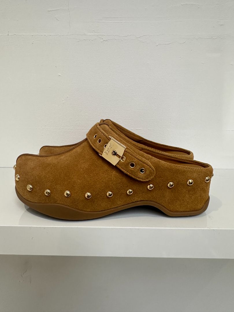 Scholl Cognac Brown Suede Pescura Phoebe Clogs - Size 5