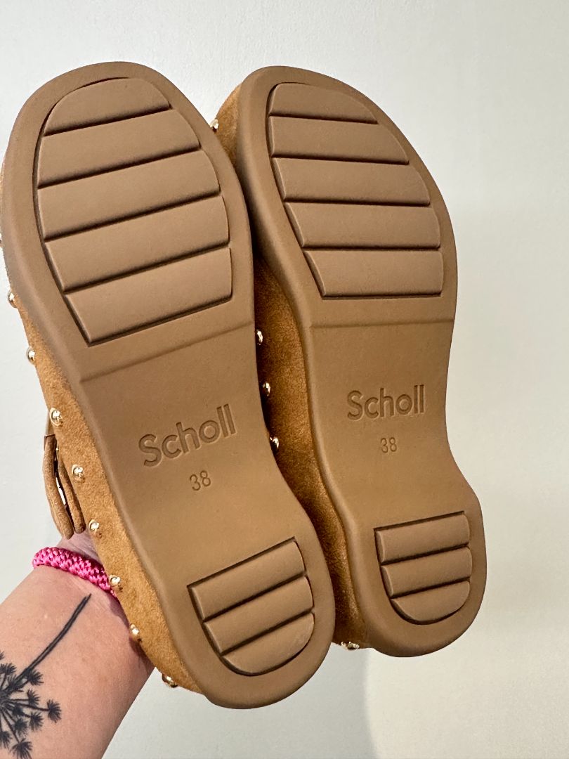 Scholl Cognac Brown Suede Pescura Phoebe Clogs - Size 5