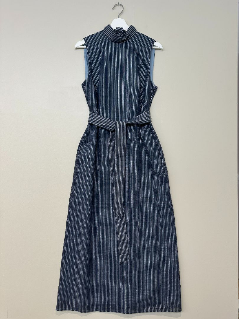 Cefinn Navy Silver Funnel Neck Metallic Striped Maxi Dress - Size 12