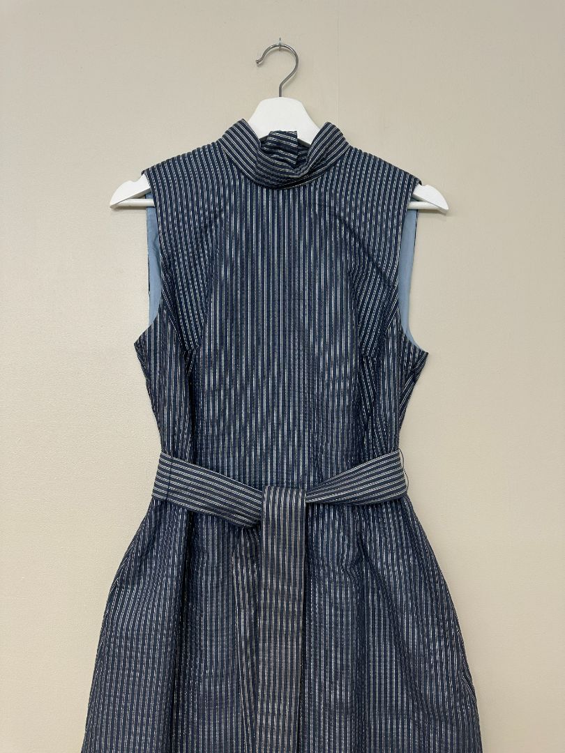 Cefinn Navy Silver Funnel Neck Metallic Striped Maxi Dress - Size 12