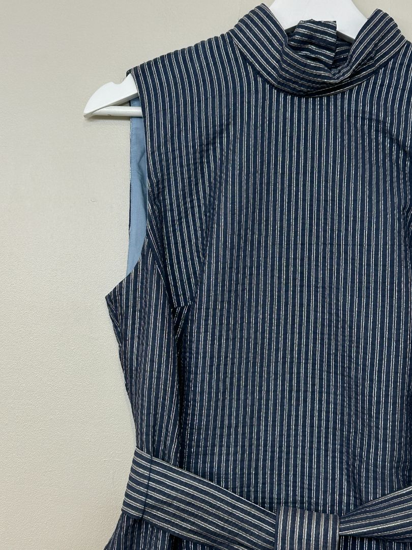 Cefinn Navy Silver Funnel Neck Metallic Striped Maxi Dress - Size 12