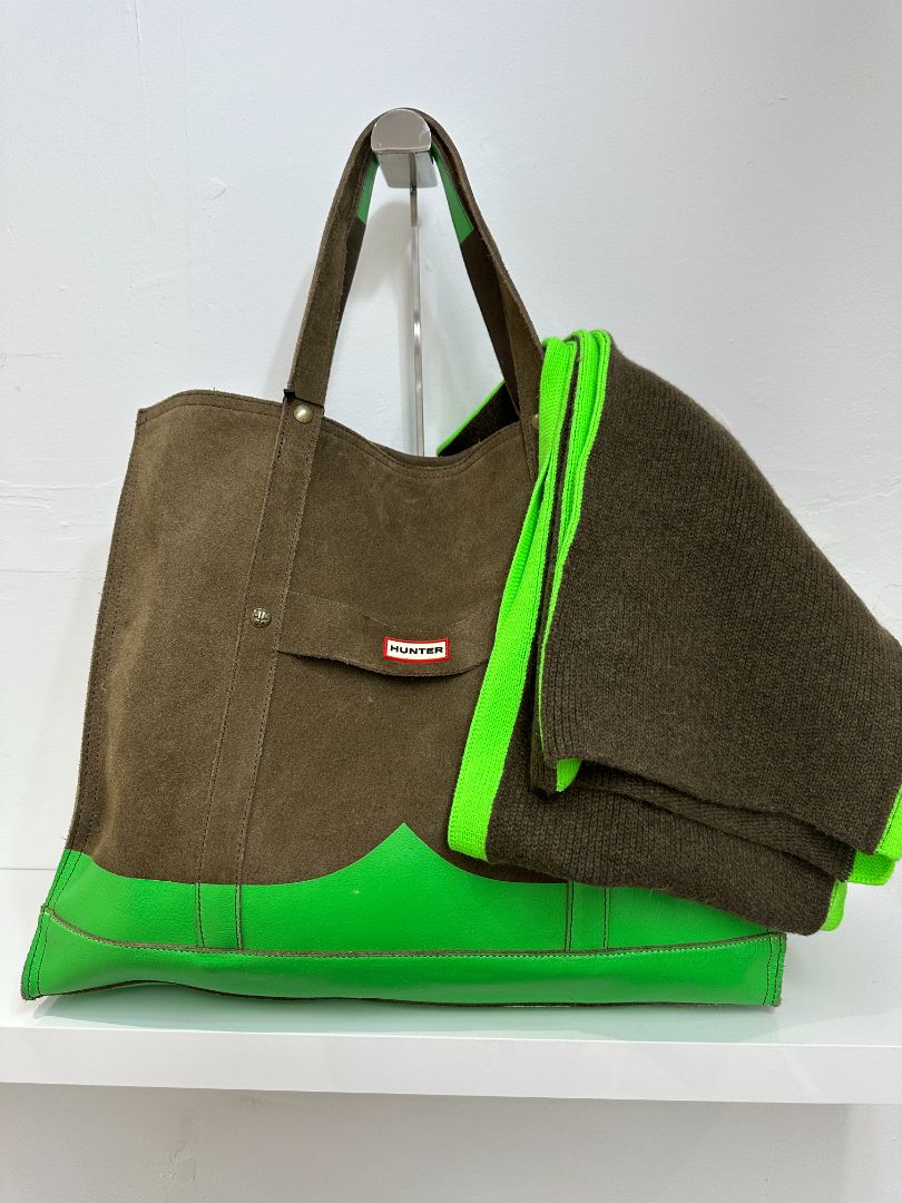Hunter Khaki Green Moustache Suede Tote Bag & Scarf