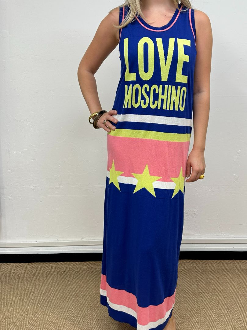 Moschino Blue Midi Knit Logo Dress - Size 14