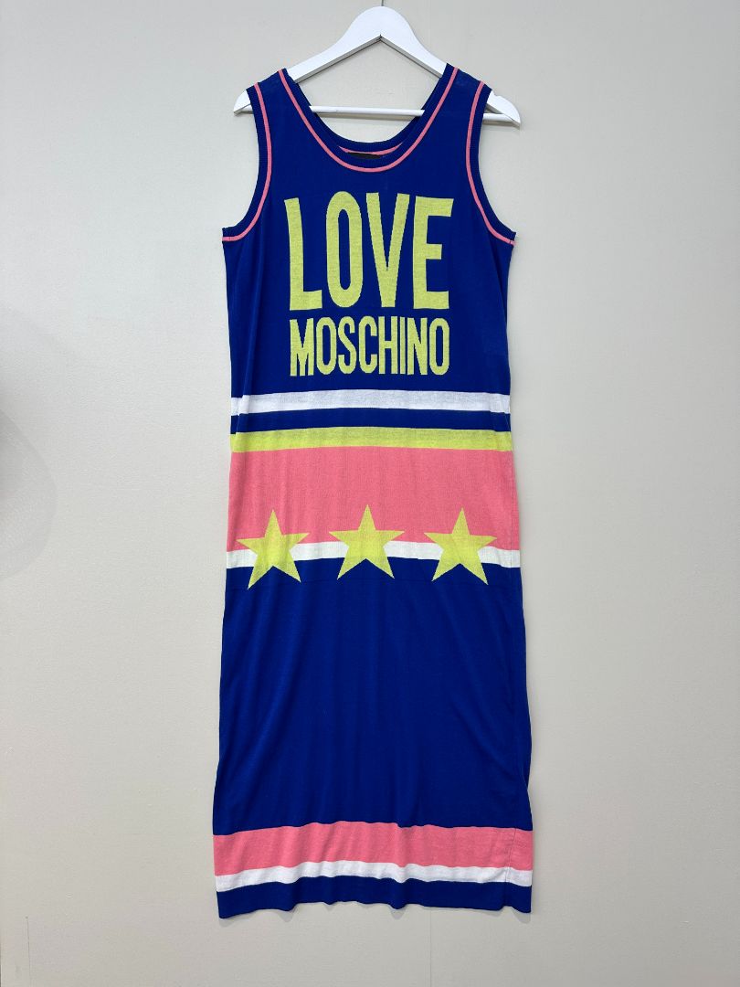 Moschino Blue Midi Knit Logo Dress - Size 14
