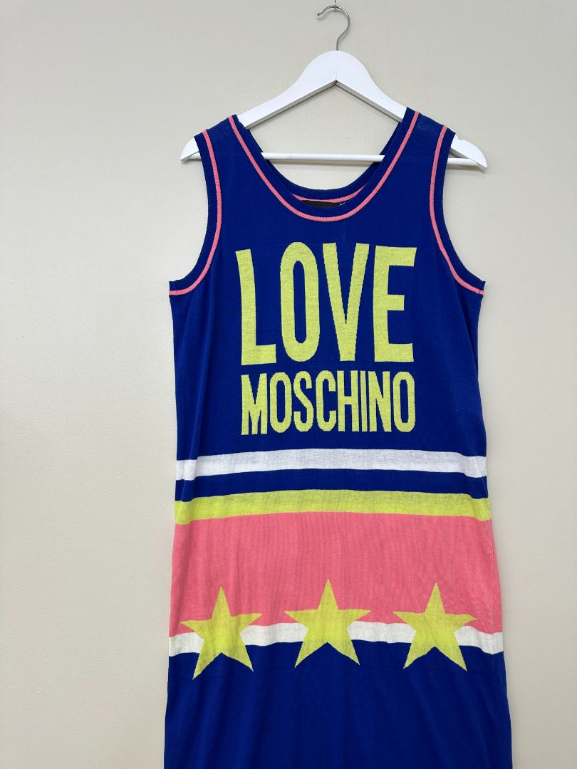 Moschino Blue Midi Knit Logo Dress - Size 14