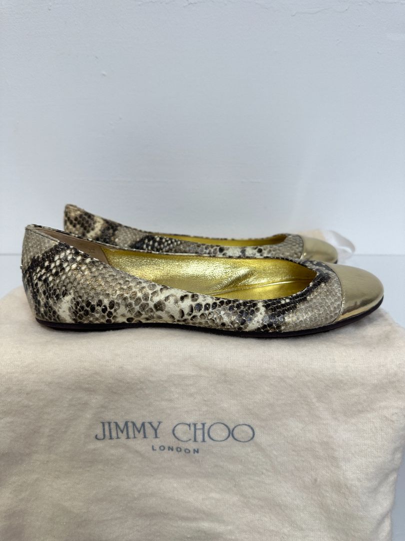 Jimmy Choo Metallic Gold Whirl Snake Print Ballet Flats - Size 5 / 38