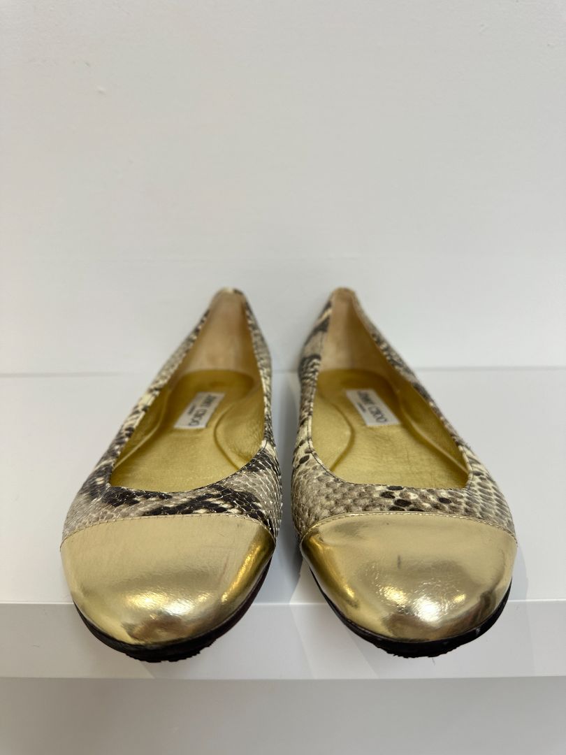 Jimmy Choo Metallic Gold Whirl Snake Print Ballet Flats - Size 5 / 38