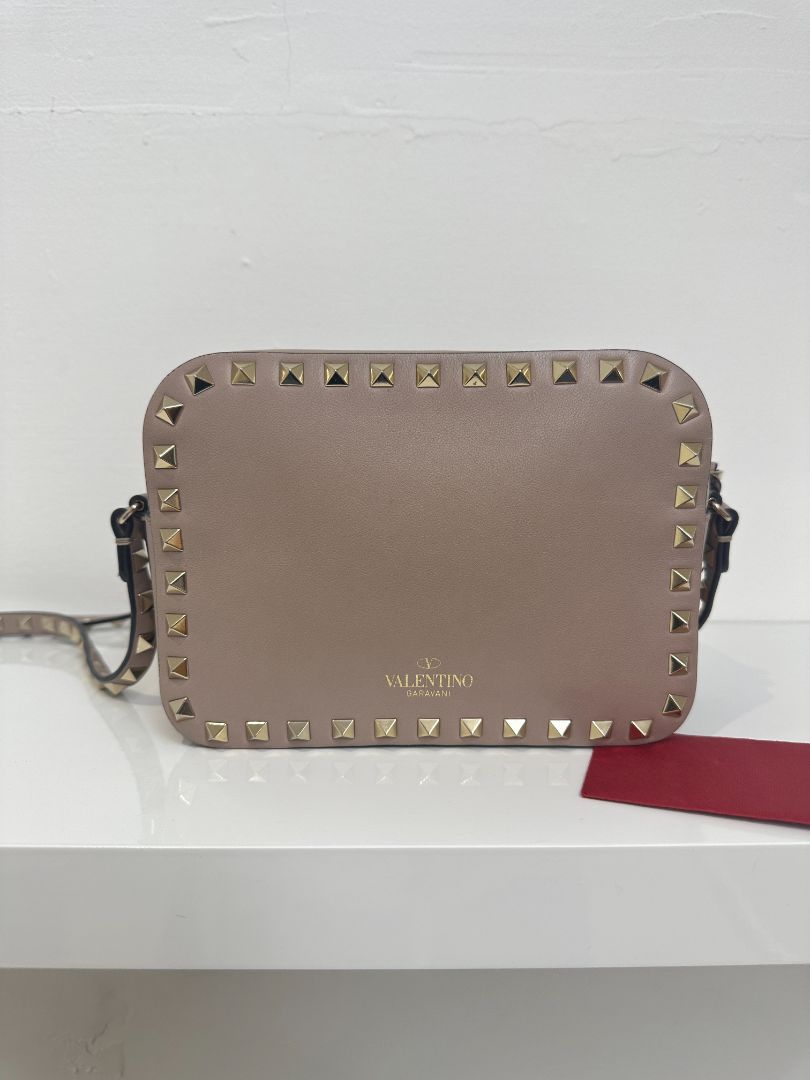 Valentino Taupe Rockstud Small Leather Crossbody Camera Bag