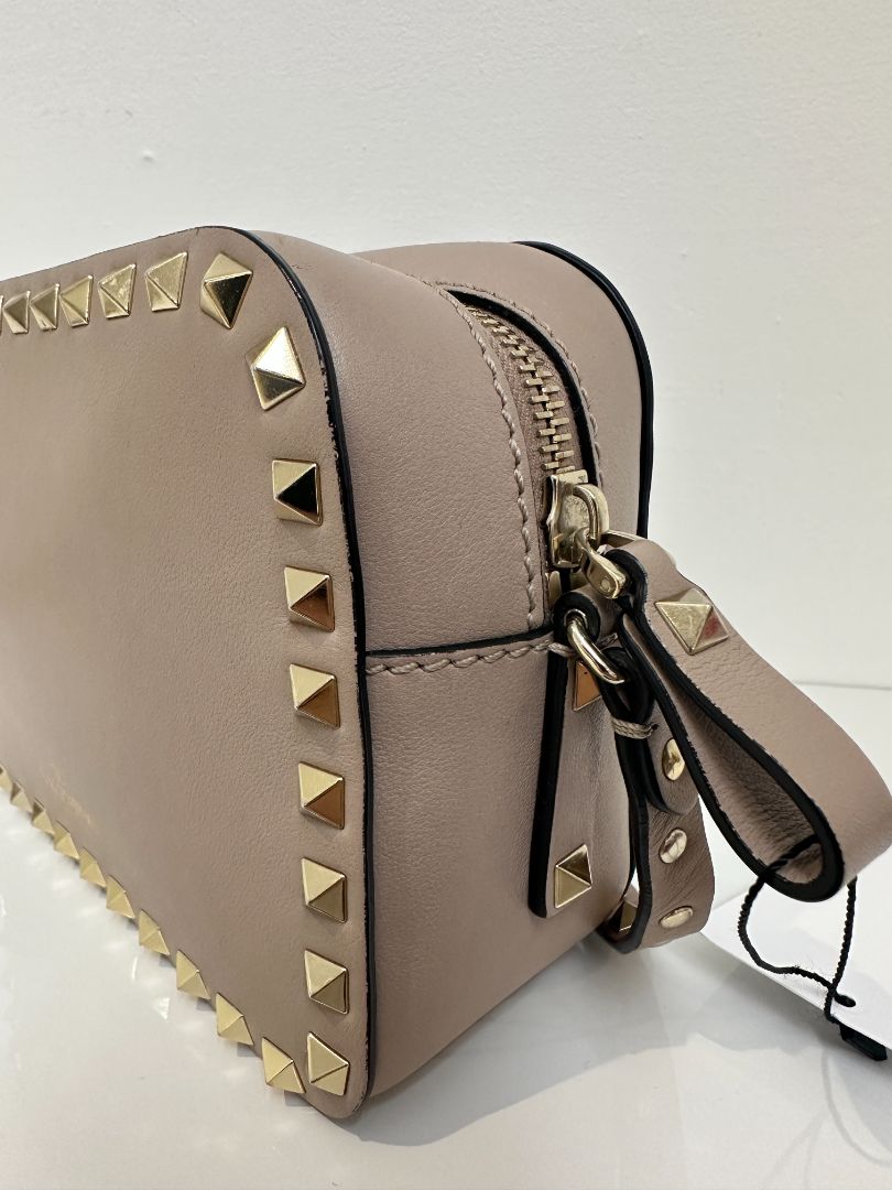 Valentino Taupe Rockstud Small Leather Crossbody Camera Bag